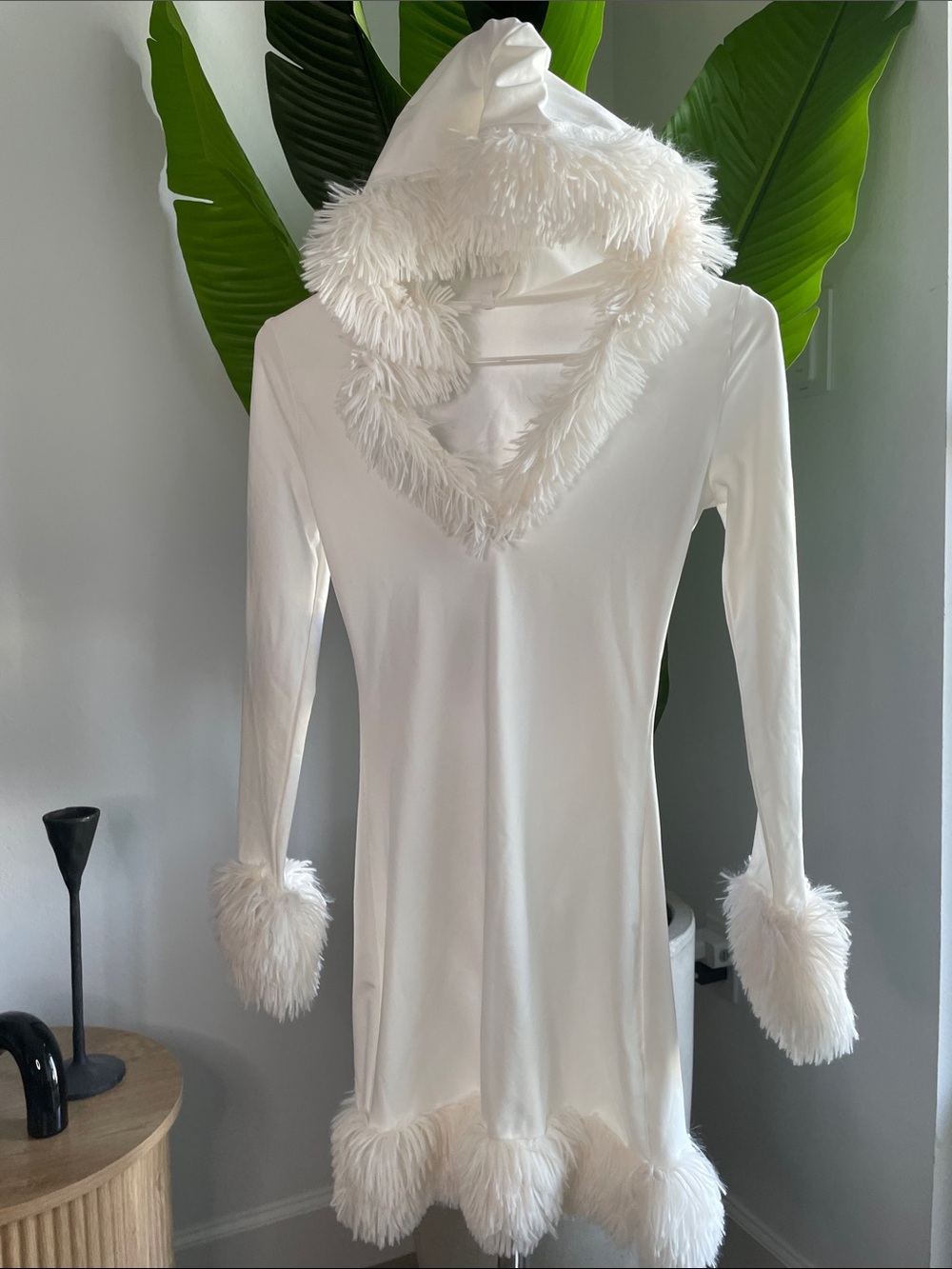White Faux-Fur Trim Hooded Turtleneck Sweater Dress